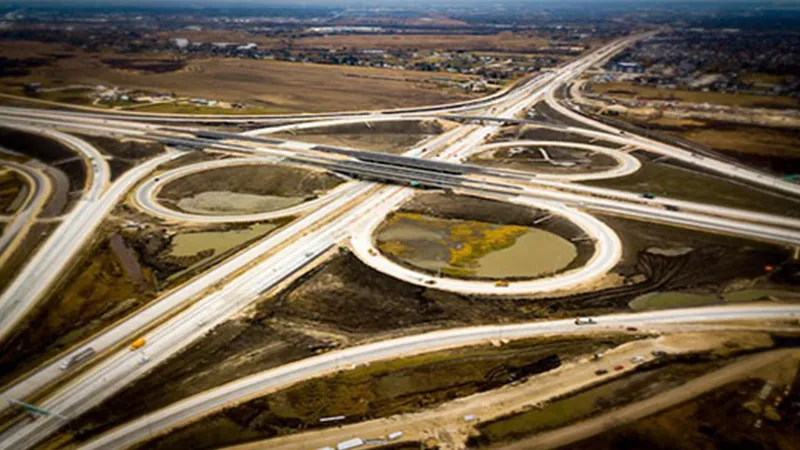 An overhead view of a highway interchange