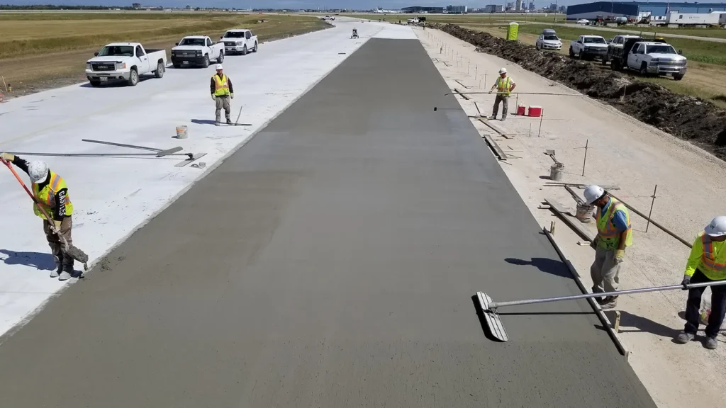 A long concrete roadway being screed by workers