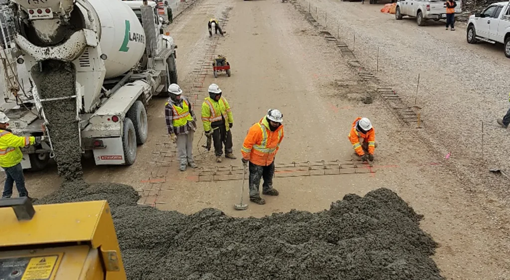 Construction workers pouring concrete to create a roadway